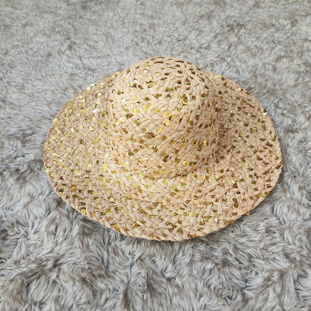 Hat Attack Gold Sequined‎ Straw Floppy Sun Hat